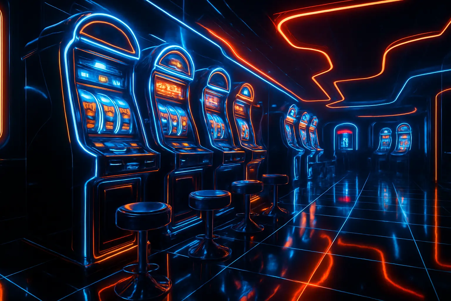 Futuristic neon cyberpunk casino floor with glowing slot machines